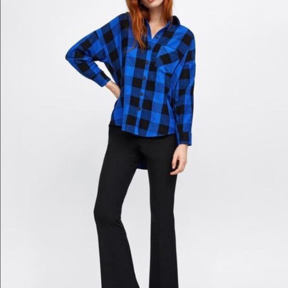 Zara Blue and Black Plaid Button-Up Shirt